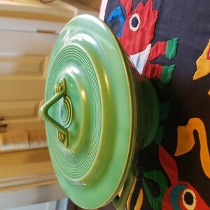 Vintage Homer Laughlin Harlequin Pottery Original Green Handled Cassarole Dish
